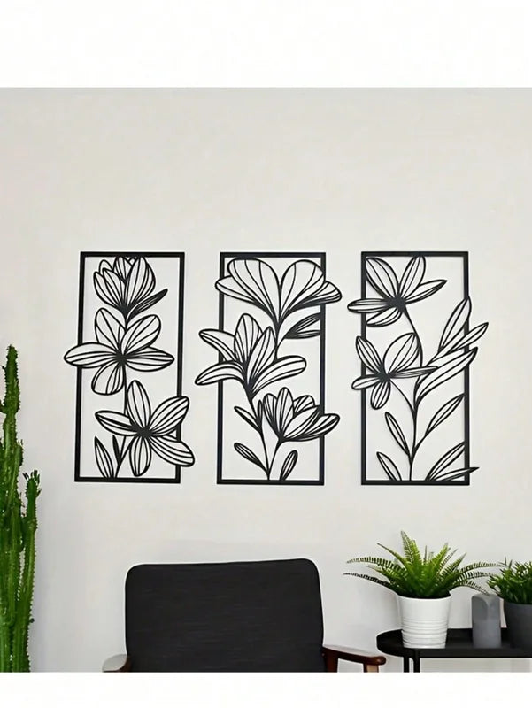 Iron Wall Art Decor 3-Piece Floral Metal Murals for Living Room Bedroom Home
