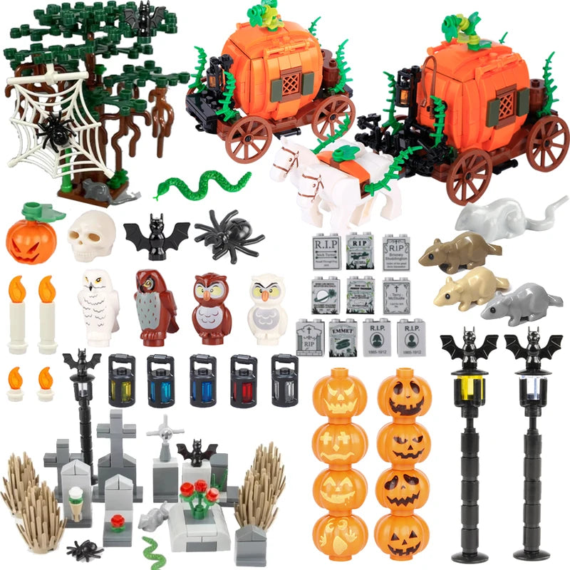 Halloween Cemetery Building Block Scene Kit - Spooky Tombstones, Snake, Pumpkin & More