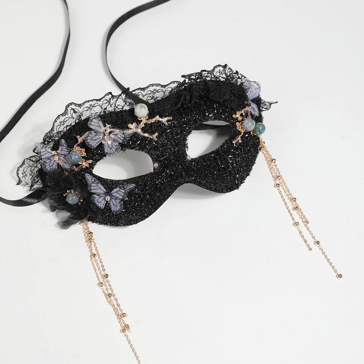 Black Lace Sequin Butterfly Mask with Pearl Tassels - Half-Face Eye Mask for Prom Party Halloween
