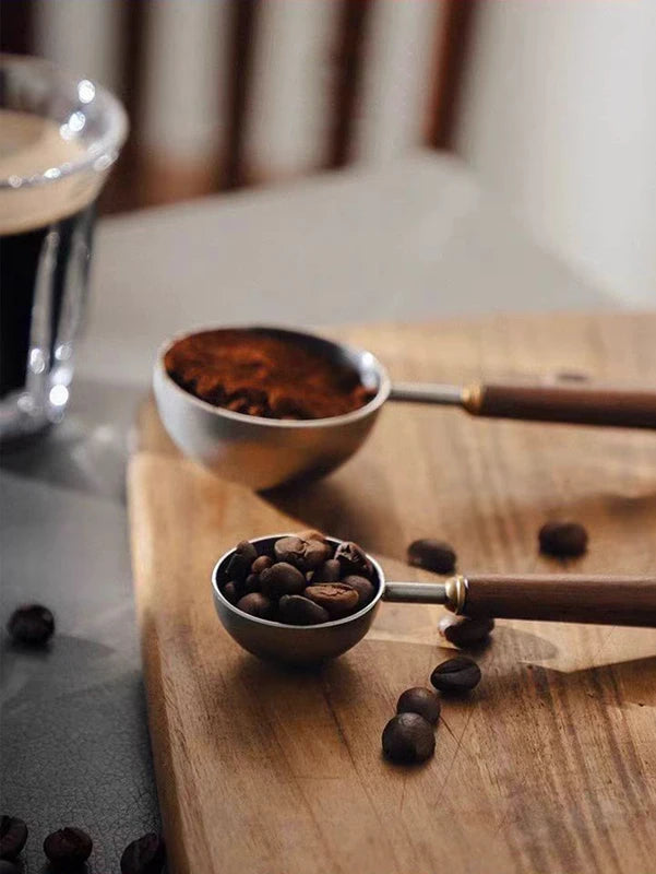 Vintage Walnut Wood Handle Coffee Spoon Stainless Steel Measuring Scoop Kitchen Utensil