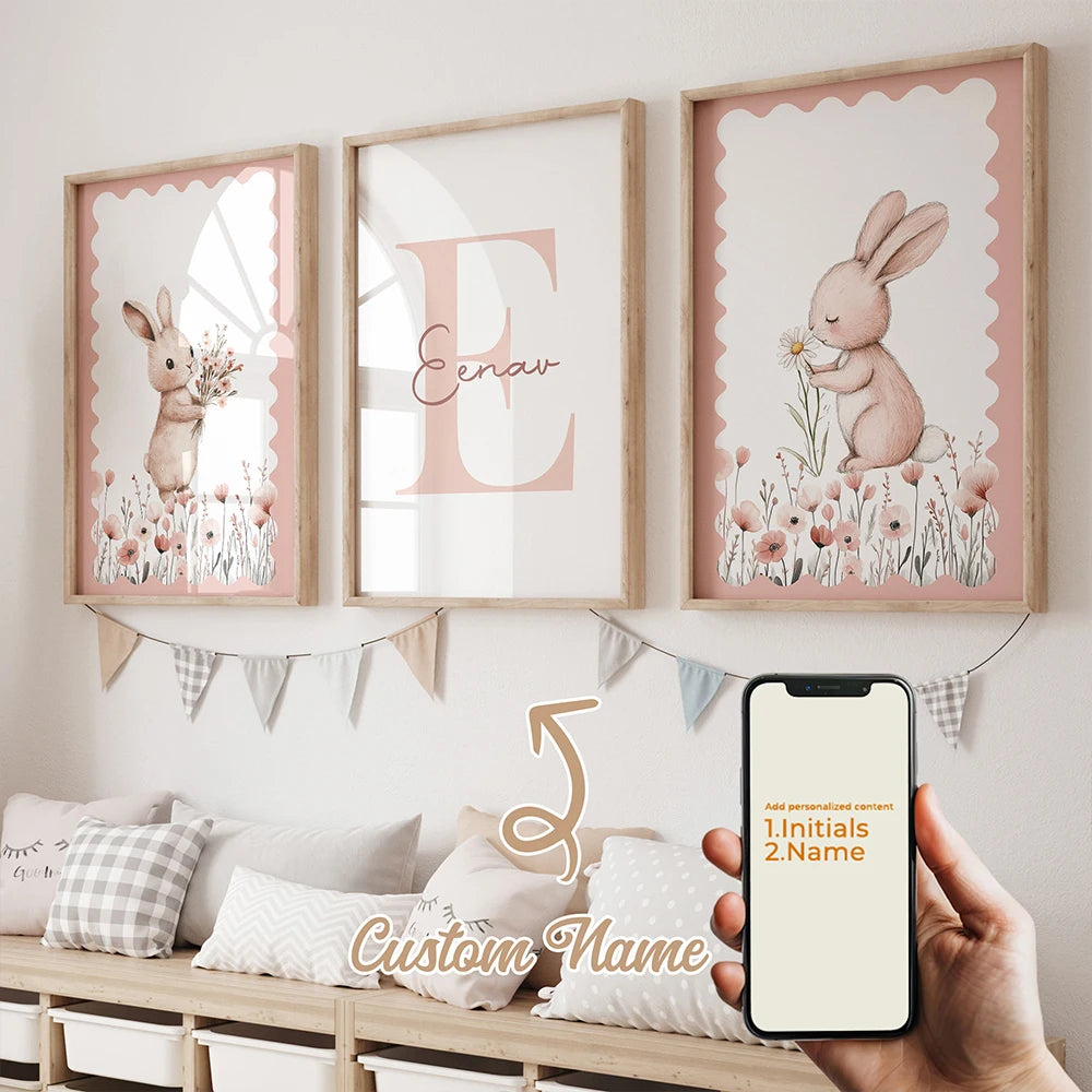 Personalized Cartoon Rabbit Wall Art Canvas Poster for Kids Room Decor