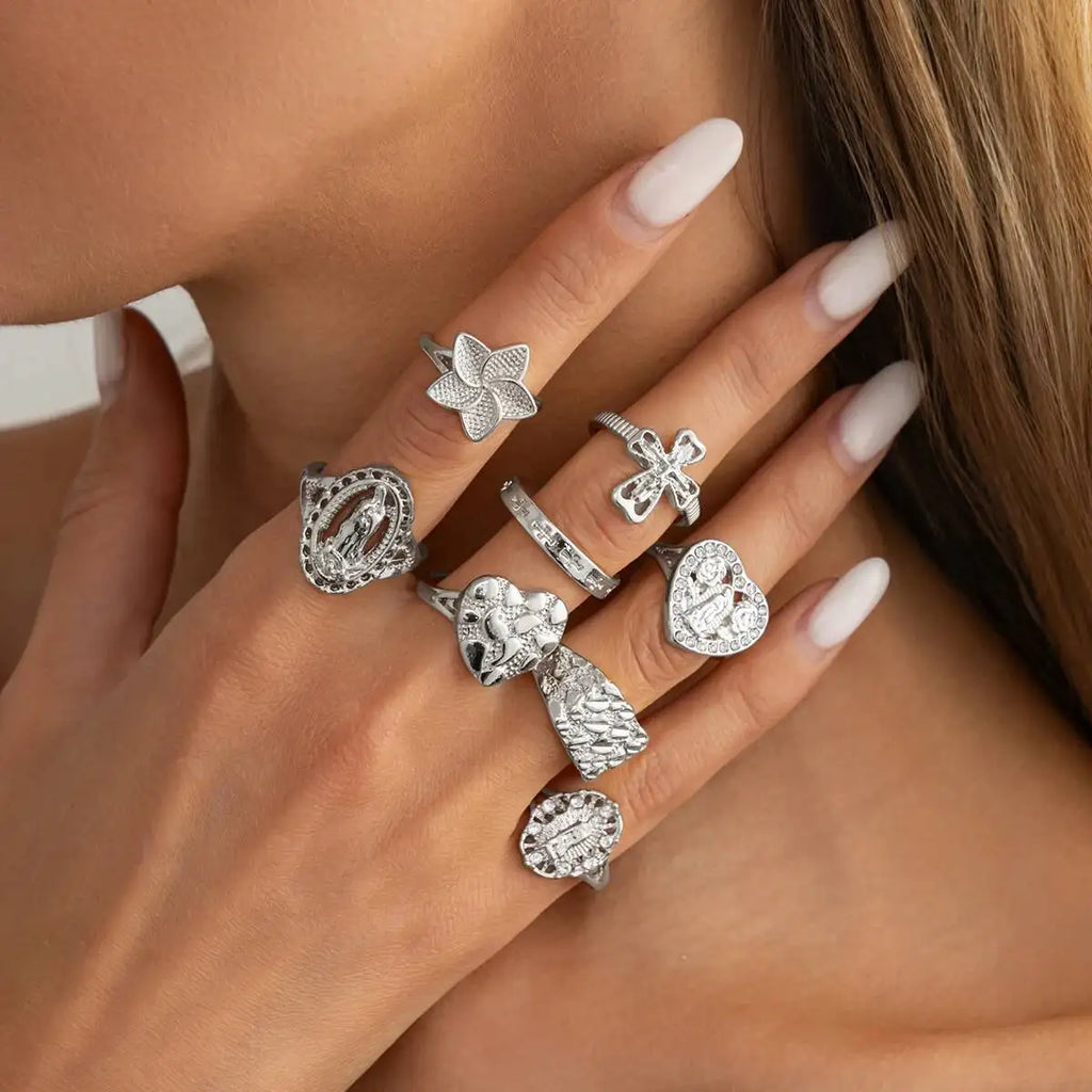 8-Piece Gold Cross Virgin Mary Open Ring Set Women’s Jewelry with Heart Inlaid Diamond Charm