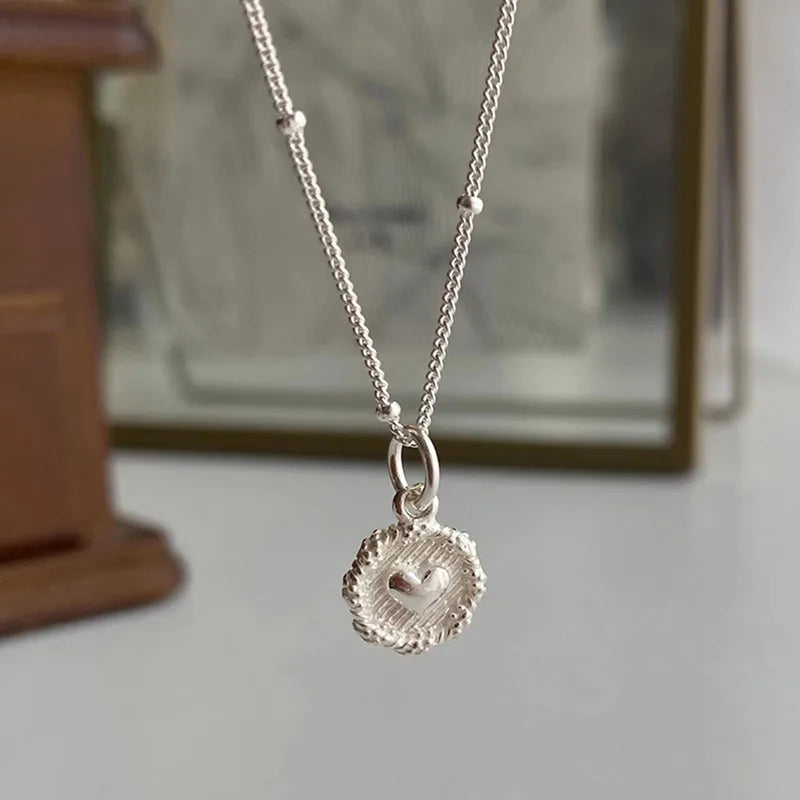 925 Sterling Love Heart Texture Bead Necklace for Women Girl Double Sided Jewelry Gift