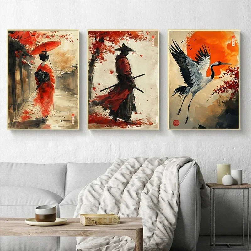 Frameless Oil Painting by Numbers Japanese Ink Art Geisha Samurai Landscape Wall Decor