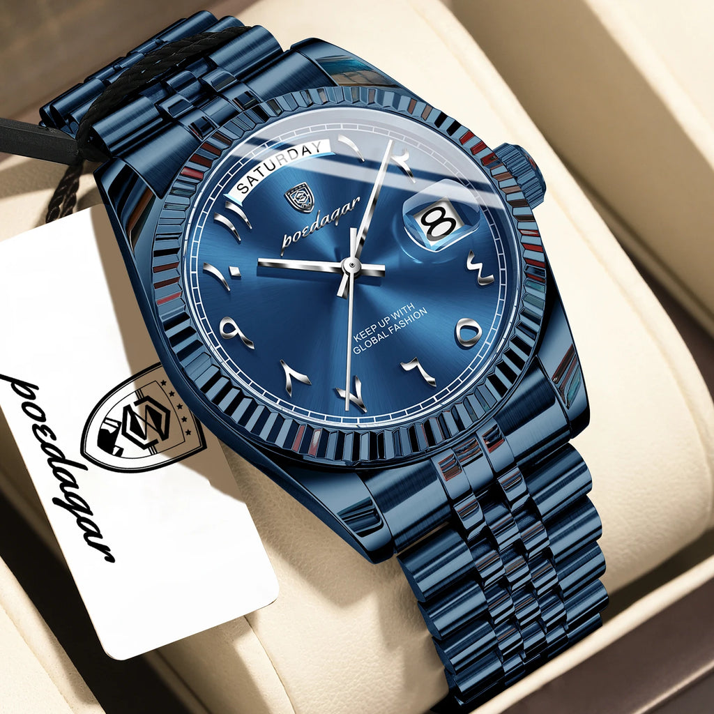 Men's Waterproof Stainless Steel Quartz Wristwatch with Date and Week Display