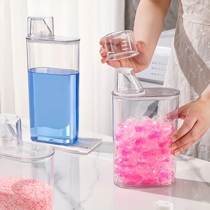 Transparent Laundry Detergent Dispenser with Measurement Markings - Storage Box for Powder, Bleach, Fabric Softener