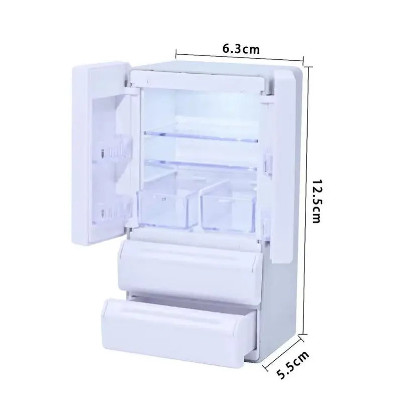Light-Up Mini Double-Door Refrigerator Dollhouse Model for Pretend Play - 1:12 Scale Food Scene Decoration