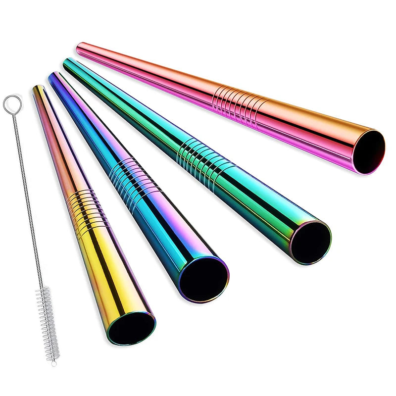 Reusable Stainless Steel Bubble Tea & Milkshake Straws with Cleaning Brush - Extra Wide 12mm Diameter