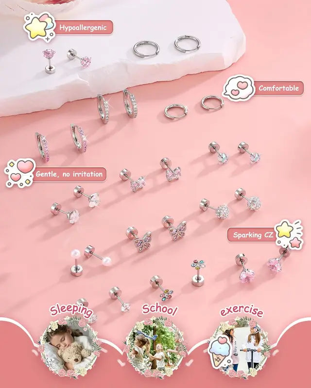 Women’s Surgical Steel Flower Butterfly Heart Stud Hoop Earrings Jewelry Gift