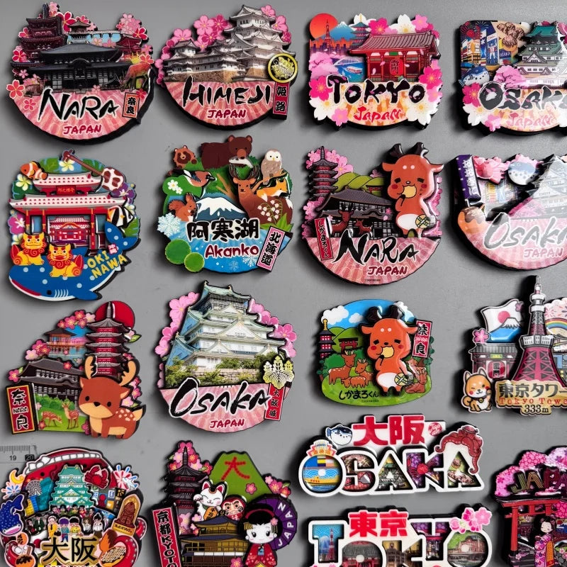 Japanese Tourism Wooden Fridge Magnet Souvenir with Nara Tokyo Osaka Kyoto Mount Fuji Cherry Blossoms