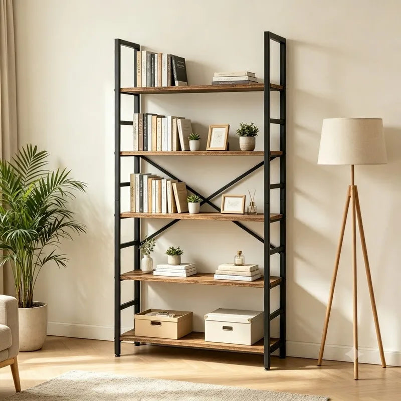 Industrial Wooden Bookcase Storage Shelf with Metal Frame - 5 & 6 Tier Freestanding Organizer