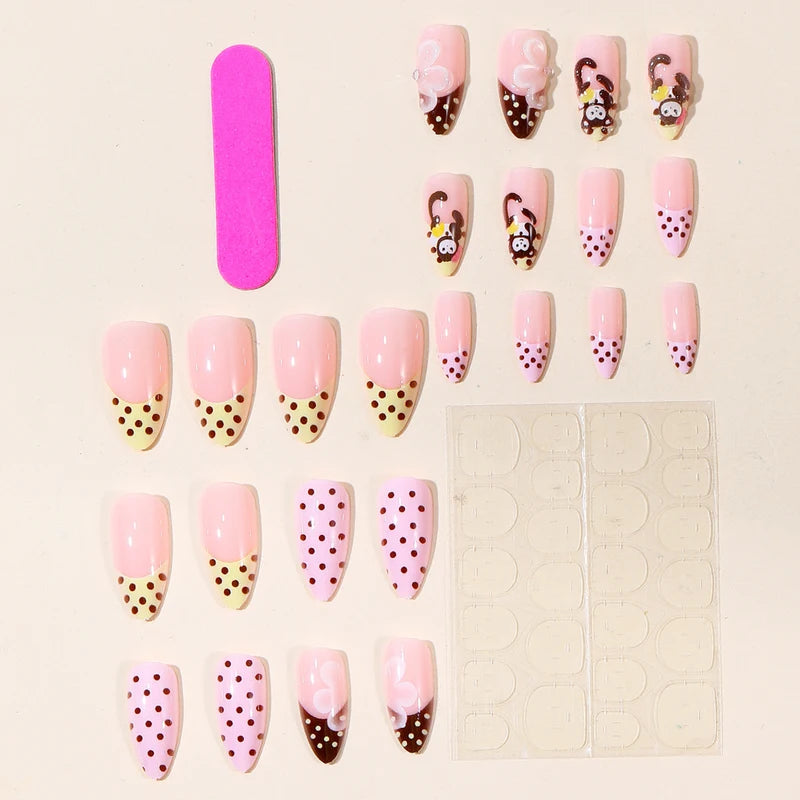 24PCS Cute Cartoon Monkey Press On Nails Pink Almond French Style Fake Nails