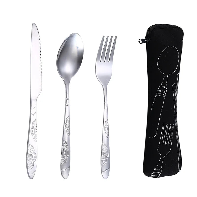Portable Camping Tableware Set with Washable Zipper Pouch - 3-Piece Stainless Steel Cutlery Kit for Travel and Household Use