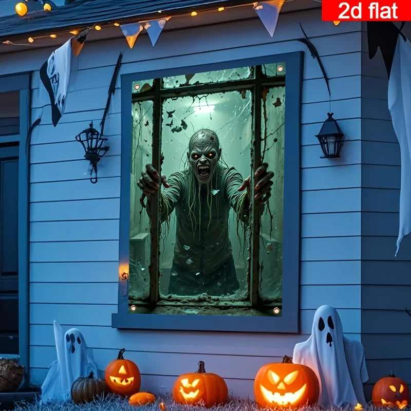 Halloween Window Banner with Zombie Hands & Cracked Glass Design - Polyester Decoration