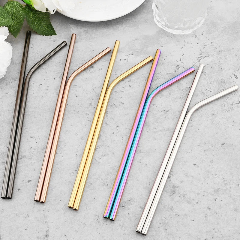 Reusable Stainless Steel Drinking Straws Set - 4/8 Pieces with Cleaning Brush