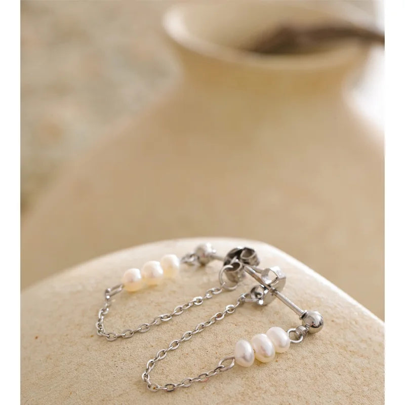 Women’s Stainless Steel Pearl Chain Drop Earrings with Tassel
