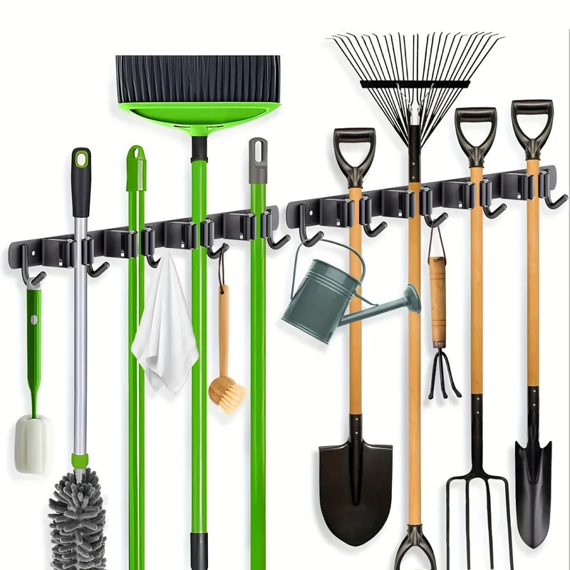 Wall-Mounted Broom and Mop Rack with Hooks - Garden & Garage Storage Organizer