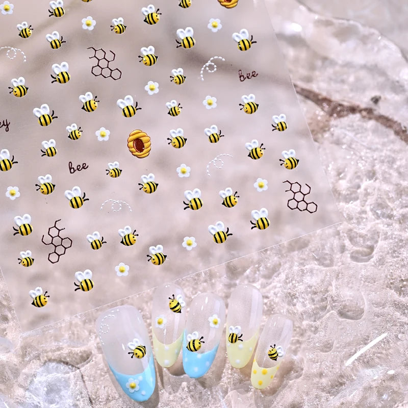 Cute Bee Daisy Flower Nail Art Stickers - 5D Embossed DIY Manicure Decals
