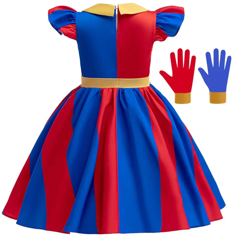 Halloween Circus Cosplay Costume for Kids - Red and Blue Clown Dress Up Outfit with Headwear
