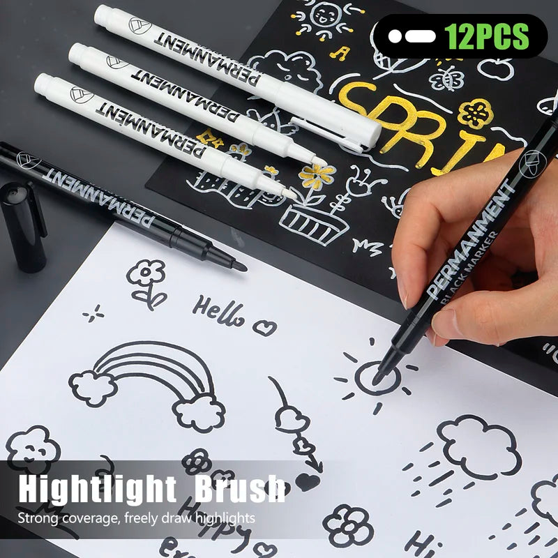 Waterproof Marker Pen Set - 3/6/12 pcs White Black Inks for Rock, Stone, Glass, Wood, Fabric, Metal