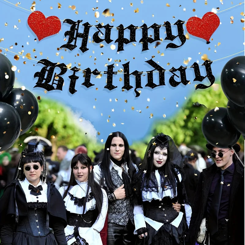 Goth Birthday Decorations Banner Halloween Funeral Party Supplies Glitter Banner