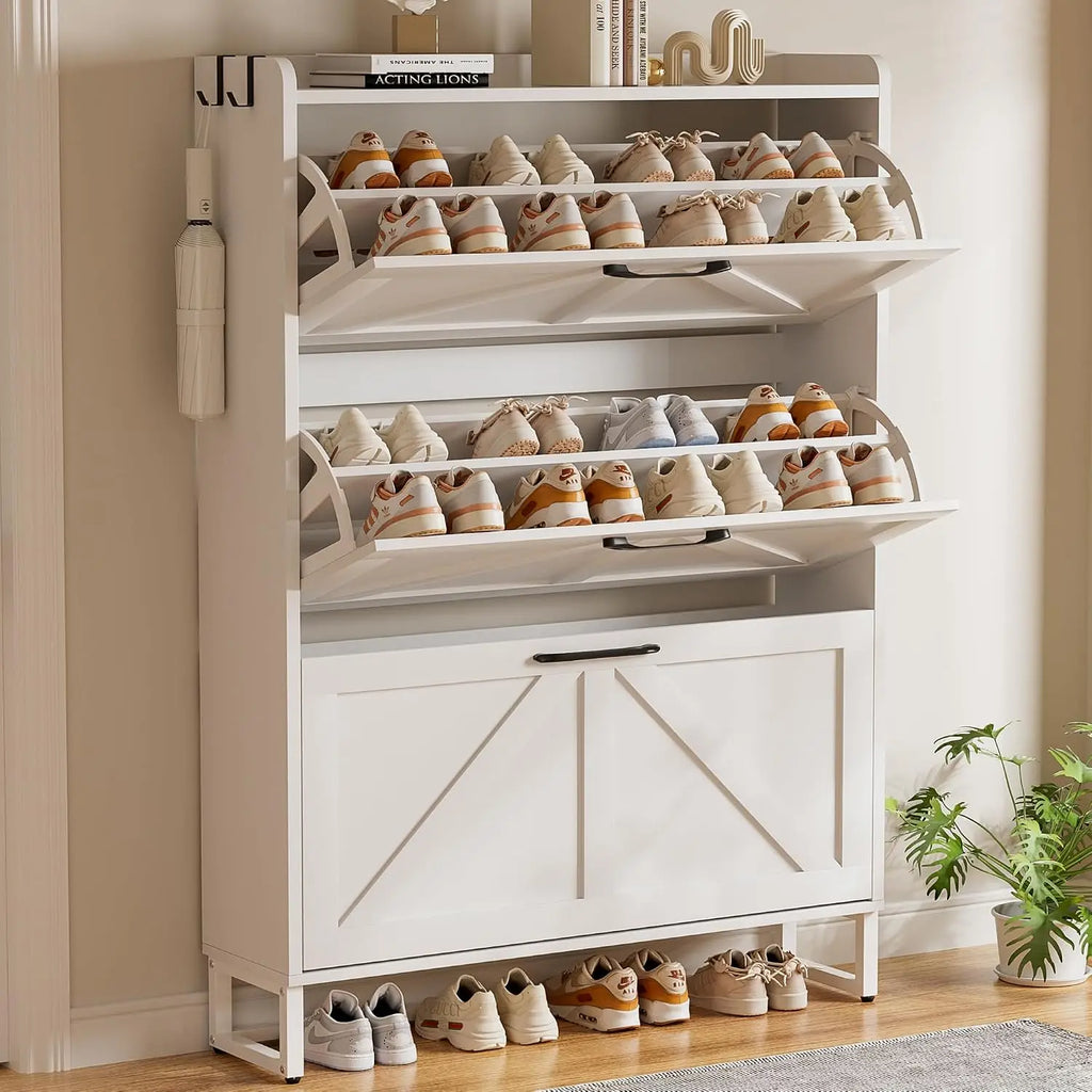 Narrow Wooden Shoe Cabinet with 2 Flip Drawers, Multi-Size Storage for Entryway