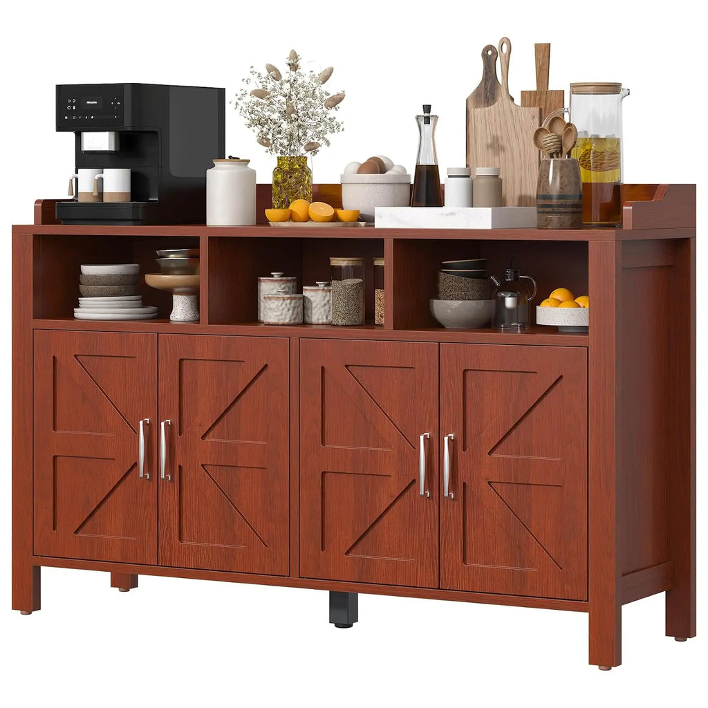 Farmhouse Style Buffet Cabinet with 4 Doors and 3 Open Shelves - Customizable Colors