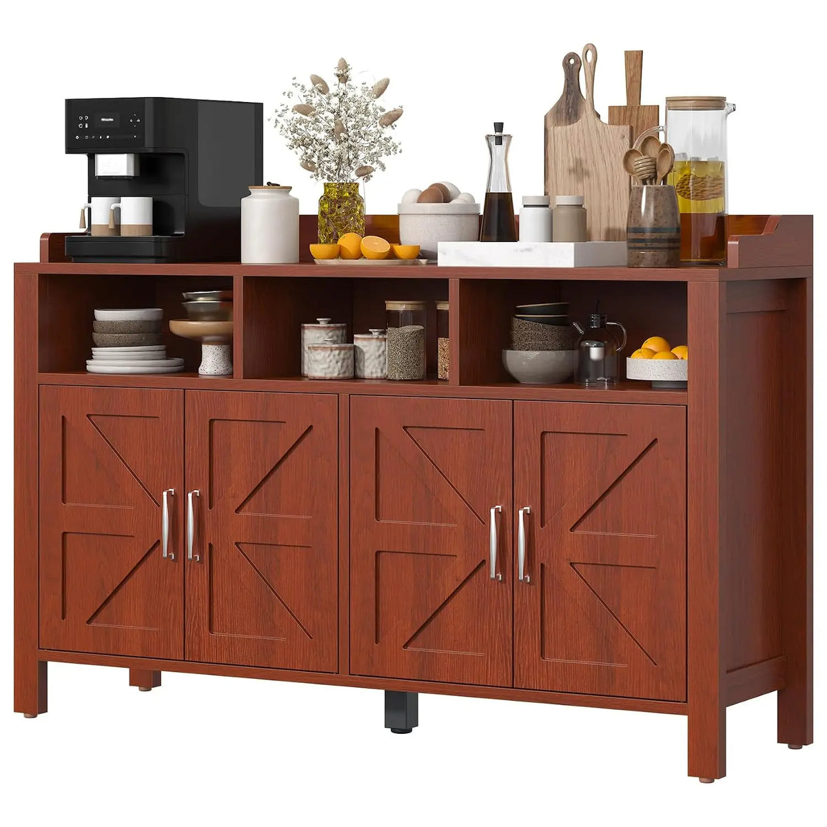 Farmhouse Style Buffet Cabinet with 4 Doors and 3 Open Shelves - Customizable Colors