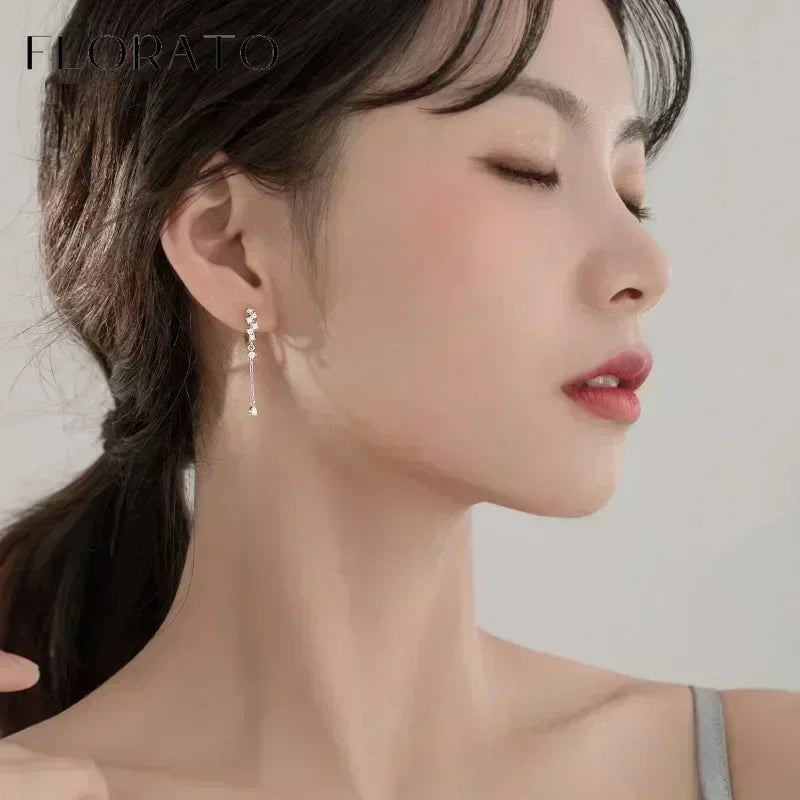 Sterling Silver Tassel Earrings with Zircon for Women Trendy Wedding Jewelry