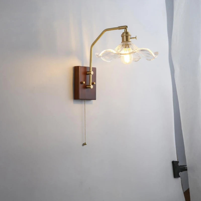 Wood Copper LED Wall Light Indoor Lamp with Pull Chain Switch for Bedroom & Living Room