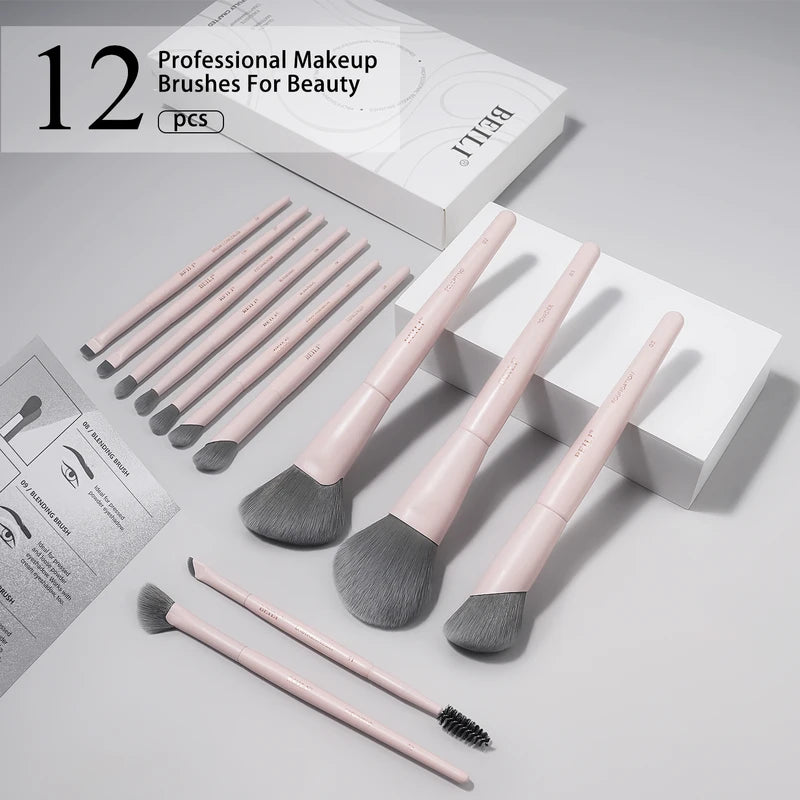 Professional Vegan Makeup Brush Set 12 Pcs - Eco-Friendly Synthetic Brushes for Face & Eyes