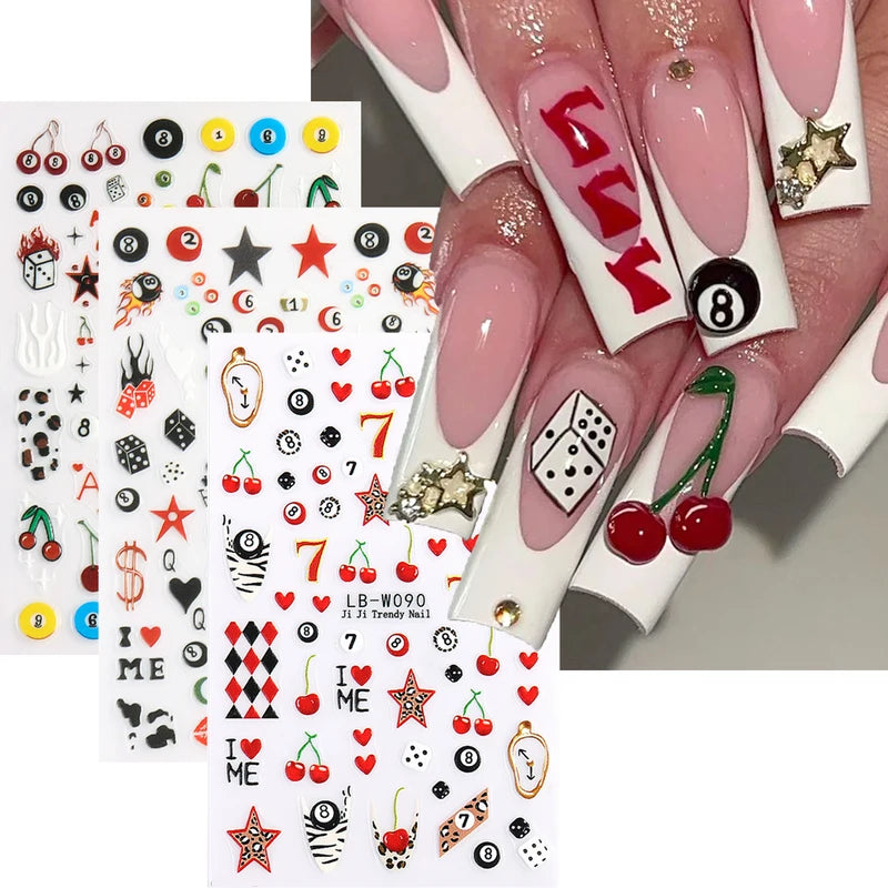 Self-Adhesive Billiard Ball & Number 7 Nail Stickers - Glossy Poker & Pool Decals