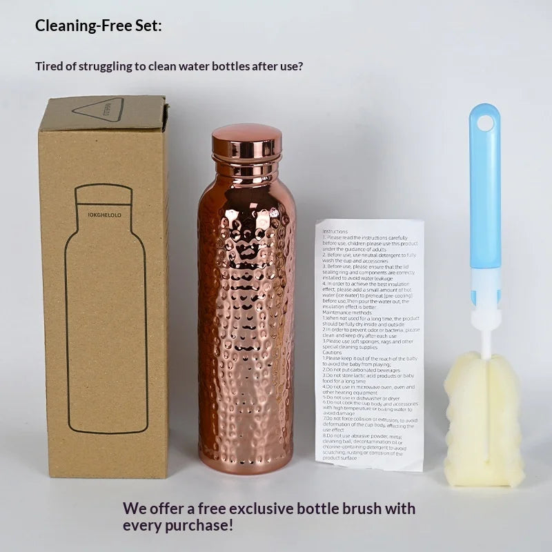 800ml Electroplated Copper Water Bottle with One-Click Open Lid - Stainless Steel Sports Flask