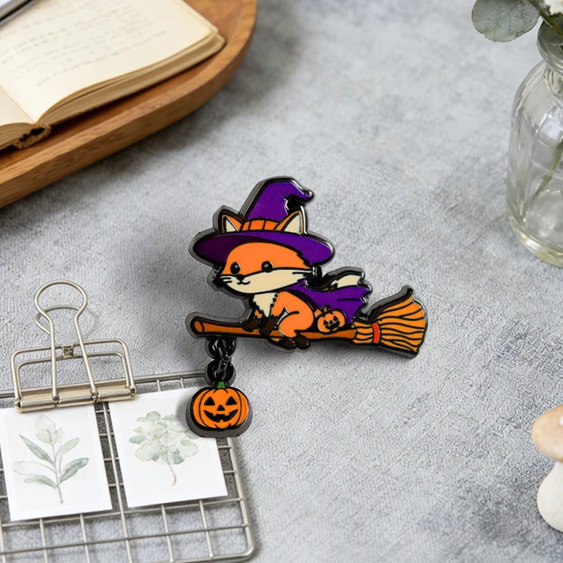 Magical Animal Enamel Pin - Witch Fox Pumpkin Pendant Halloween Gift Badge Accessory