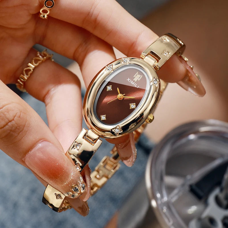 Elegant Oval Dial Women's Quartz Watch with Rhinestone Bracelet - Multiple Colors