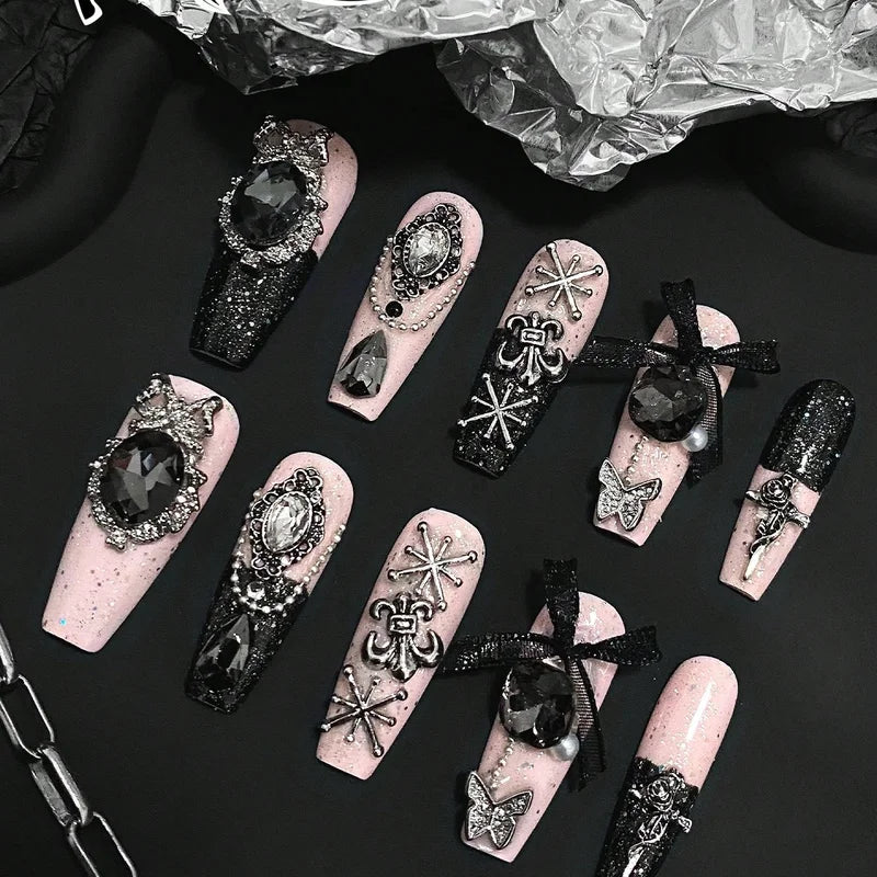 10 Pieces Gothic Black Coffin-Shaped Fake Nails with Black Powder & Diamond Finish