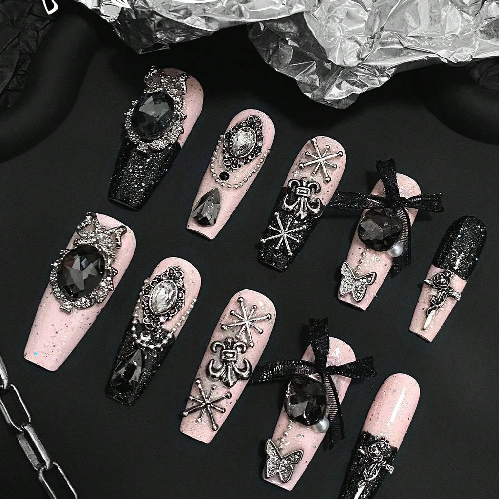 10 Pieces Gothic Black Coffin-Shaped Fake Nails with Black Powder & Diamond Finish