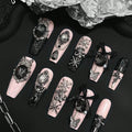10 Pieces Gothic Black Coffin-Shaped Fake Nails with Black Powder & Diamond Finish