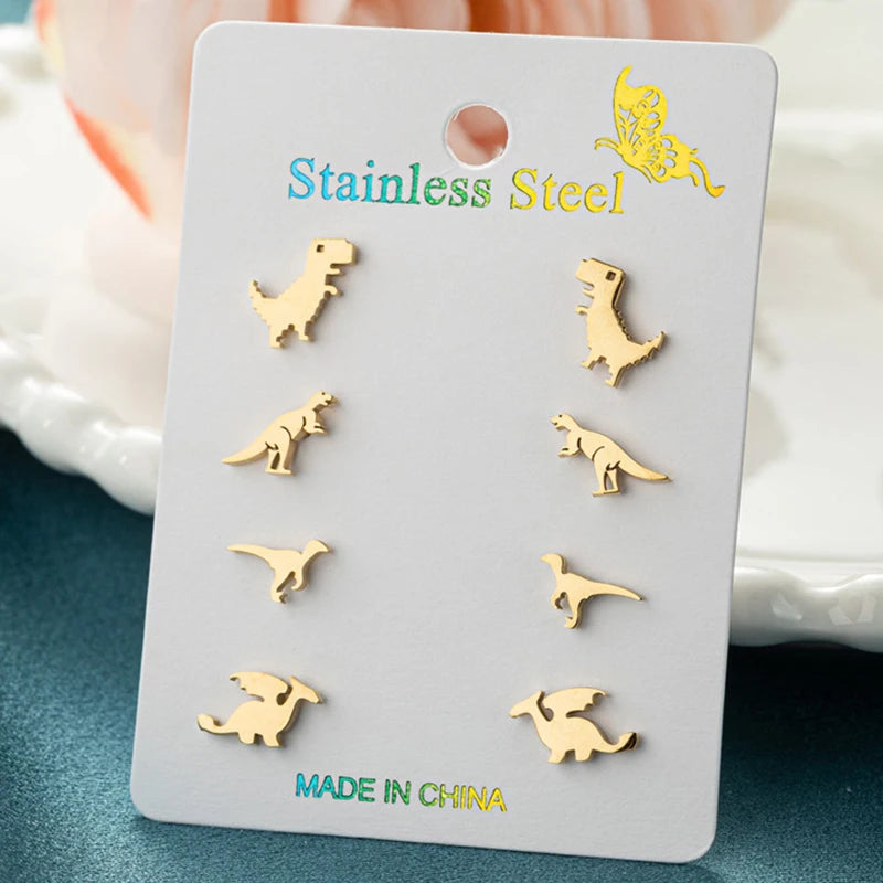 Tiny Dinosaur Earrings Set - 4 Pairs Stainless Steel Cartoon T-Rex Jewelry for Girls and Parties