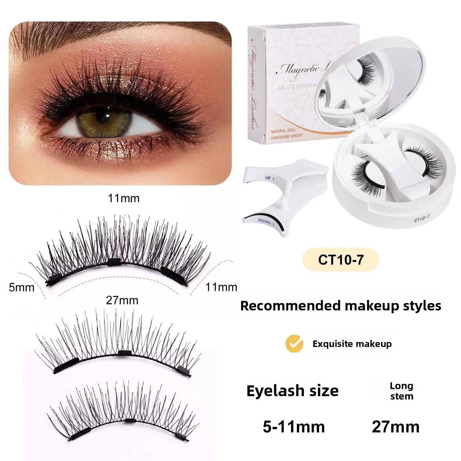 Magnetic False Eyelashes Set Reusable No Glue Needed with Tweezers - Curly Faux Lashes