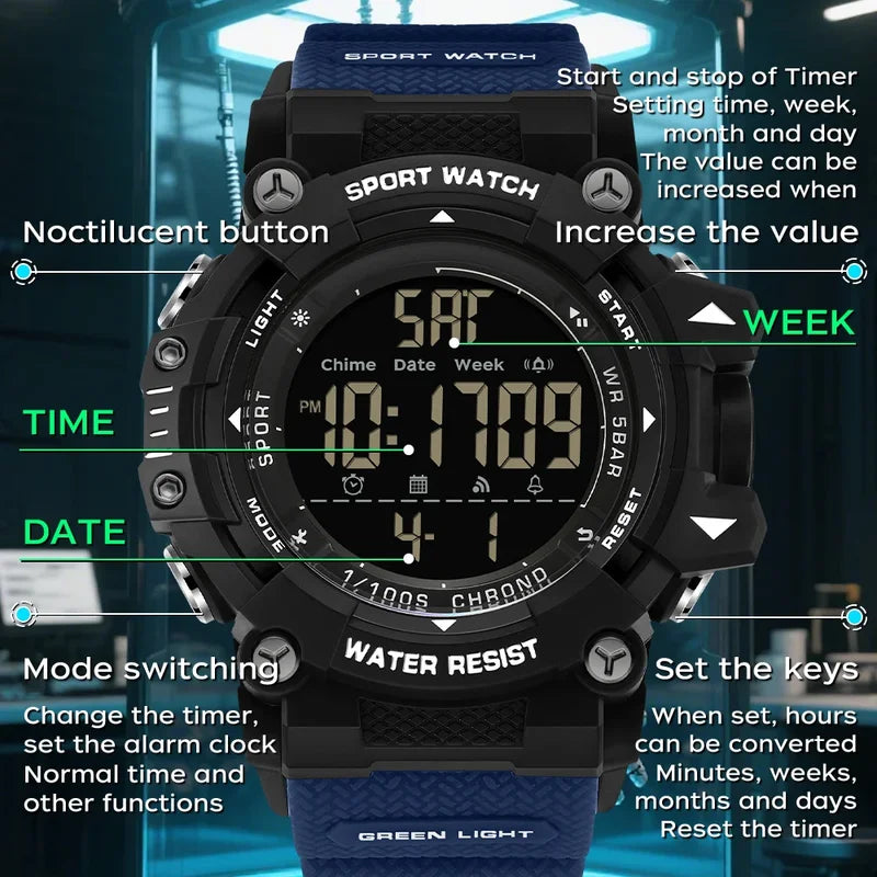 Men's Digital Waterproof LED Watch with Dual Time and Silicone Band