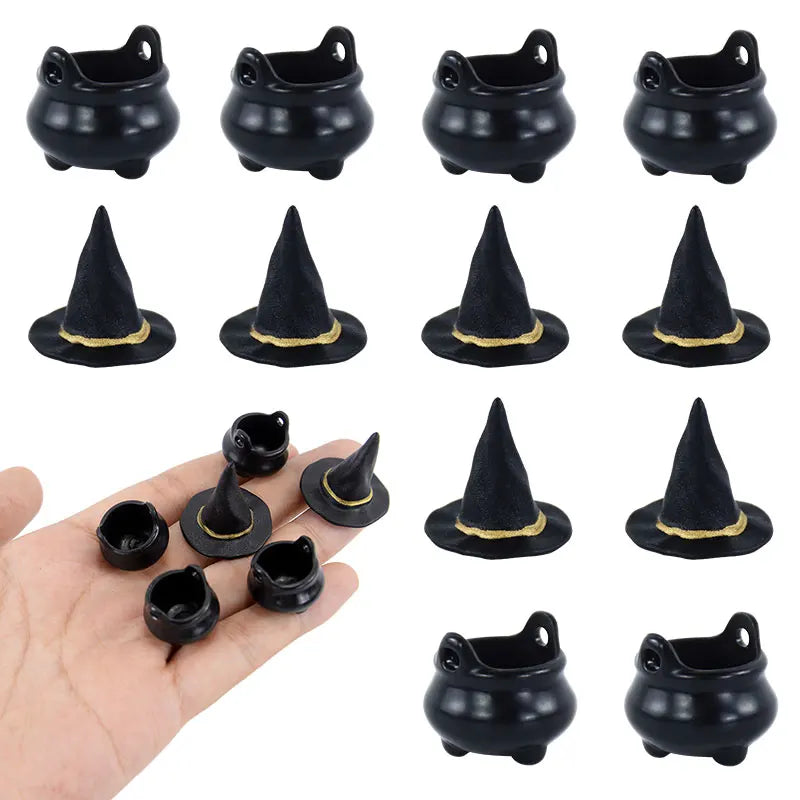 Halloween Mini Resin Candy Kettles & Witch Hat Candy Holders Set - Kids Party Decor