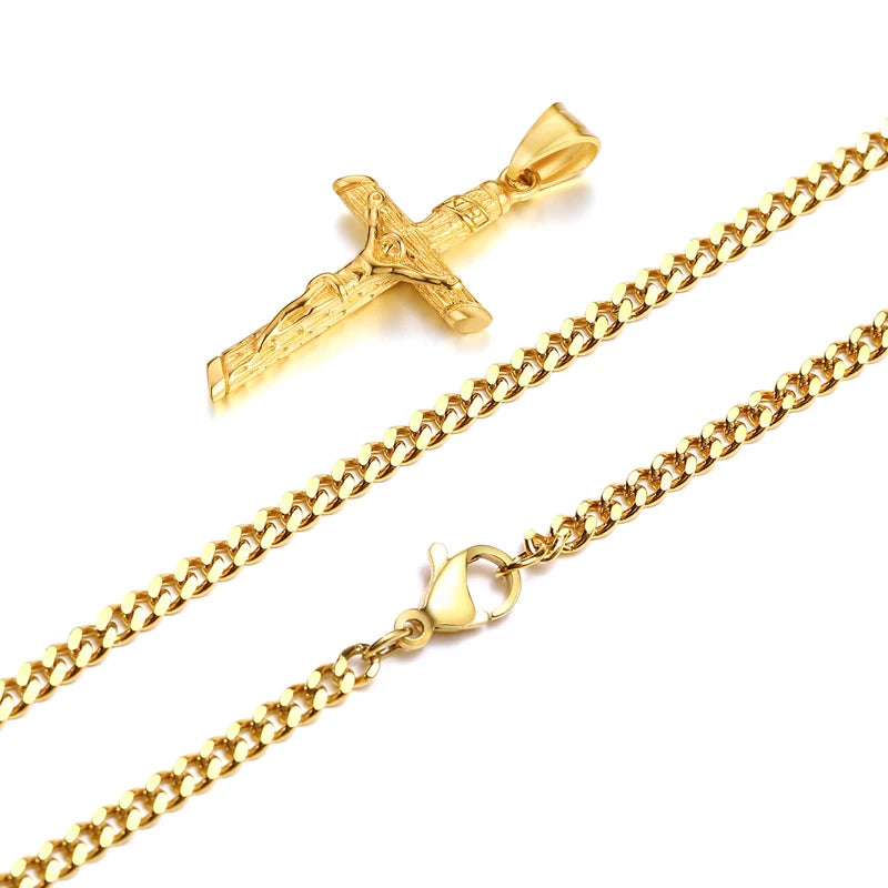Stainless Steel Cross Necklace with Jesus Pendant for Men & Women - Faith Jewelry Gift
