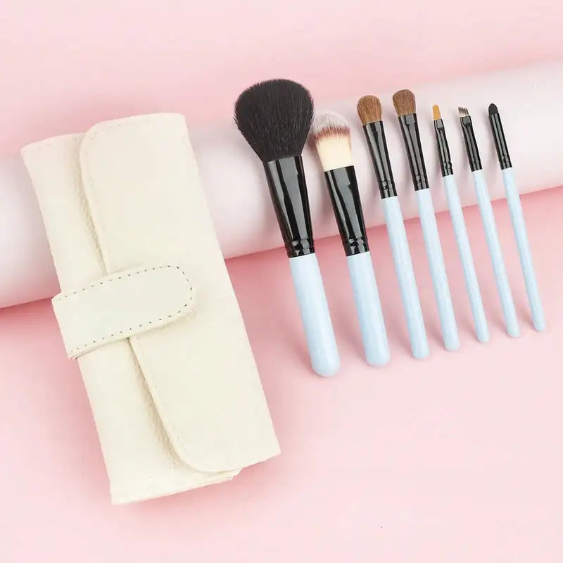 7-Piece Pink Makeup Brush Set with Leather Case - Portable Cosmetic Tools Kit