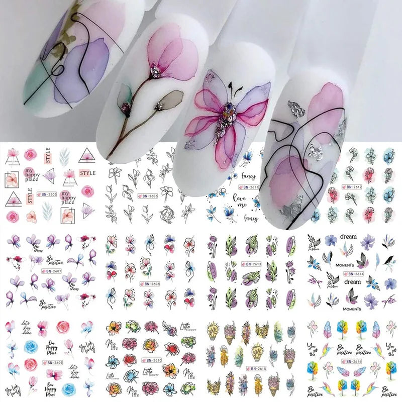 12-Piece Water Decal Nail Art Sticker Set with Flowers and Leaves