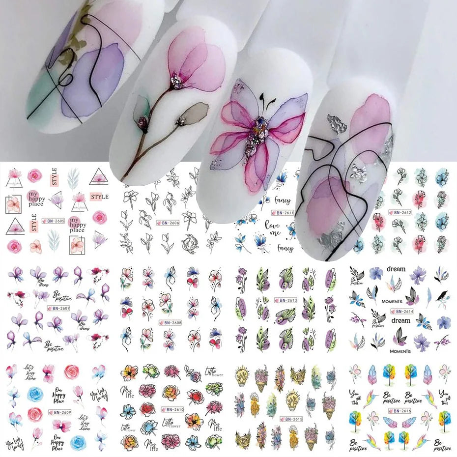12-Piece Water Decal Nail Art Sticker Set with Flowers and Leaves