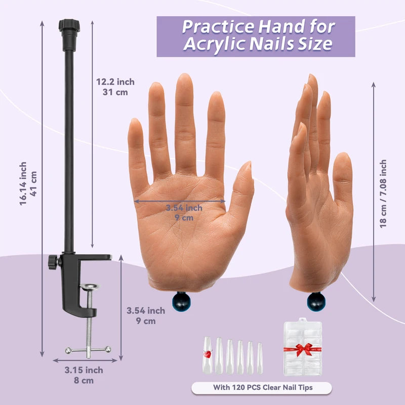 Practice Hand for Acrylic Nails - Silicone Flexible Reusable Nail Training Tool