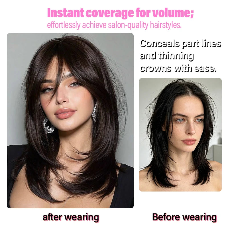 Middle Part Hair Topper with Side Bangs, Synthetic Fiber Wig Piece for Thinning Crown & Volume