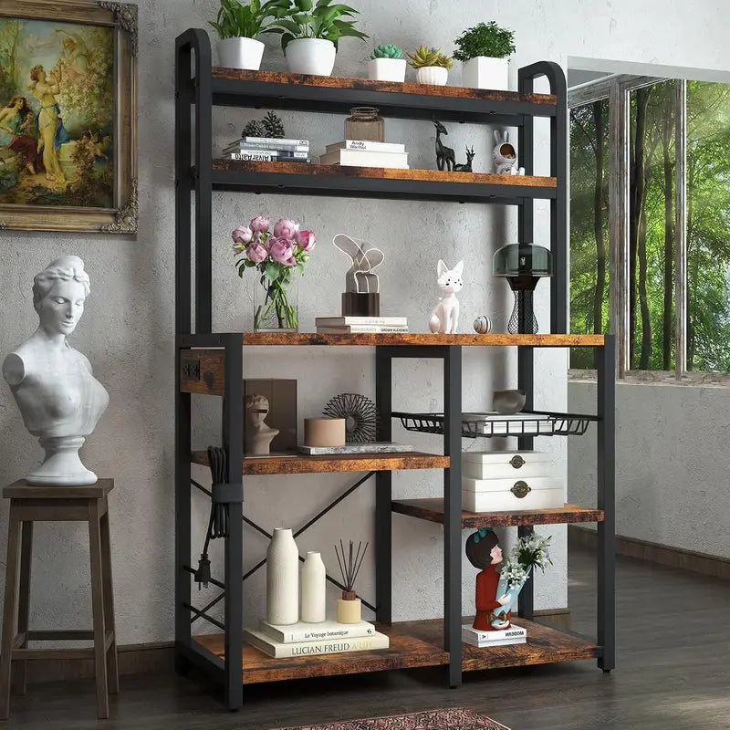 6-Tier Kitchen Storage Rack with Wire Baskets and Dual Outlets - Microwave Stand & Organizer
