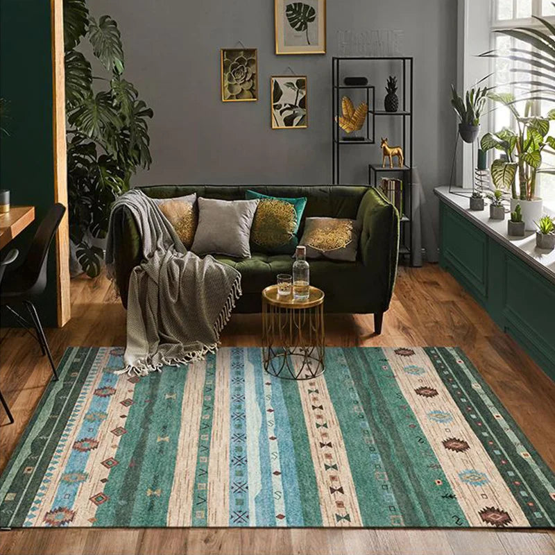 Washable Bedroom Rug with Non-Slip Floor Mat - Soft Ethnic Lounge Carpet for Living Room